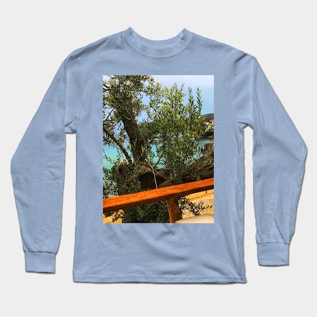 Greek beachfront café bar Long Sleeve T-Shirt by Khala